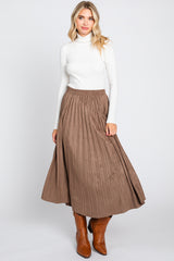 Mocha Suede Pleated Maternity Midi Skirt