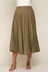 Olive Suede Pleated Maternity Midi Skirt