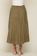 Olive Suede Pleated Maternity Midi Skirt