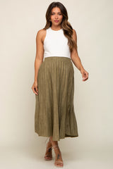 Olive Suede Pleated Maternity Midi Skirt