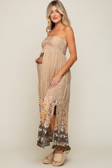 Beige Floral Paisley Halter Maternity Maxi Dress