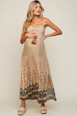 Beige Floral Paisley Halter Maternity Maxi Dress