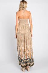 Beige Floral Paisley Halter Maxi Dress