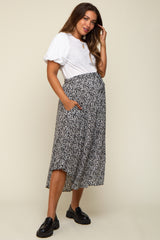 Black Floral Button Accent Maternity Midi Skirt