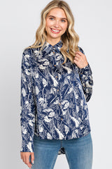 Navy Leaf Print Satin Button Up Blouse