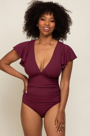 Plum Deep V-Neck Flounce One Piece Swimsuit