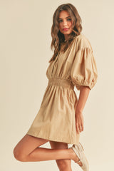 Taupe Elastic Band Waist Shift Dress