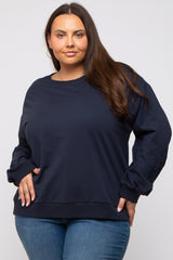 Navy Embroidered Long Sleeve Plus Top