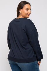 Navy Embroidered Long Sleeve Plus Top