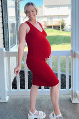 Red Ribbed Knit Fitted V-Neck Maternity Midi Dress