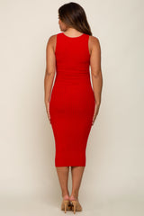 Red Ribbed Knit Fitted V-Neck Maternity Midi Dress