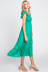 Green Satin Square Ruffle Neck Smocked Sleeveless Midi Dress