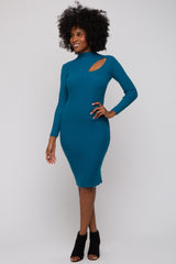 Teal Cutout Fitted Knit Dress