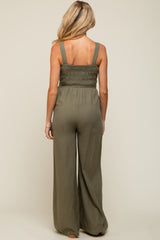 Olive Smocked Button Accent Linen Maternity Jumpsuit