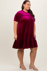 Burgundy Ruffle Accent Velvet Plus Dress