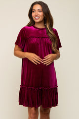 Burgundy Jade Ruffle Accent Velvet Maternity Dress