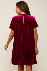 Burgundy Jade Ruffle Accent Velvet Maternity Dress