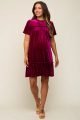 Burgundy Jade Ruffle Accent Velvet Maternity Dress