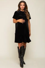 Black Ruffle Accent Velvet Maternity Dress