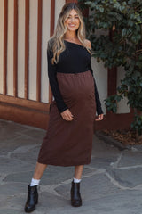 Brown Drawstring Pocket Maternity Maxi Skirt