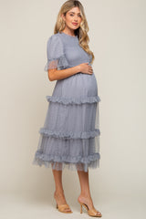 Light Blue Polka Dot Tulle Smocked Maternity Midi Dress