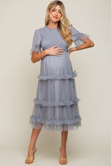 Light Blue Polka Dot Tulle Smocked Maternity Midi Dress