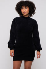 Black Fuzzy Knit Puff Sleeve Maternity Sweater Dress