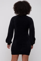 Black Fuzzy Knit Puff Sleeve Sweater Dress