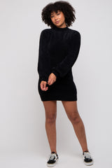 Black Fuzzy Knit Puff Sleeve Sweater Dress