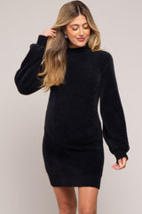 Black Fuzzy Knit Puff Sleeve Maternity Sweater Dress