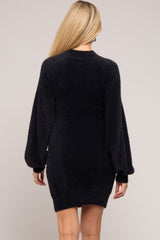 Black Fuzzy Knit Puff Sleeve Maternity Sweater Dress