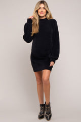 Black Fuzzy Knit Puff Sleeve Maternity Sweater Dress