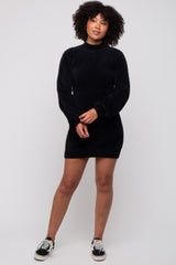 Black Fuzzy Knit Puff Sleeve Sweater Dress