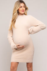 Cream Fuzzy Knit Puff Sleeve Maternity Sweater Dress