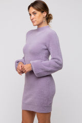 Lavender Fuzzy Knit Puff Sleeve Sweater Dress