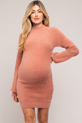 Mauve Fuzzy Knit Puff Sleeve Maternity Sweater Dress