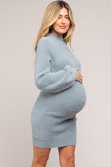 Light Blue Fuzzy Knit Puff Sleeve Maternity Sweater Dress