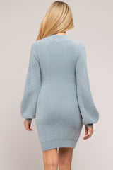 Light Blue Fuzzy Knit Puff Sleeve Maternity Sweater Dress