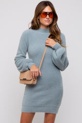 Light Blue Fuzzy Knit Puff Sleeve Maternity Sweater Dress