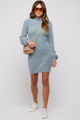 Light Blue Fuzzy Knit Puff Sleeve Sweater Dress