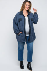 Navy Blue Colorblock Quilted Maternity Plus Shirt Jacket