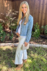 Light Blue Denim Ruffle Trim Maternity Jacket