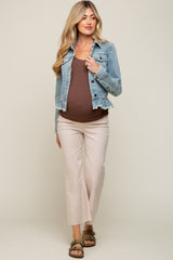 Light Blue Denim Ruffle Trim Maternity Jacket