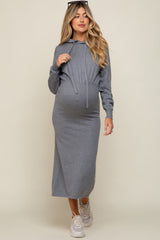 Heather Grey Knit Hooded Long Sleeve Maternity Dress