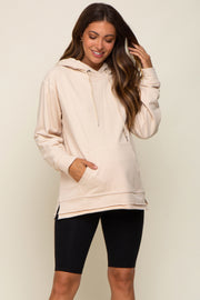 Beige Raw Hem Maternity Hooded Sweatshirt