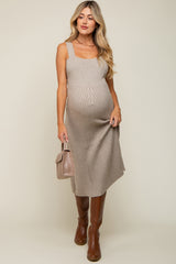 Beige Sweater Knit A-Line Maternity Midi Dress