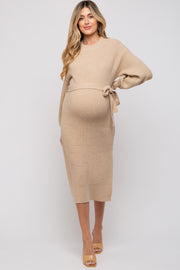 Beige Side Slit Maternity Sweater Midi Dress