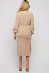 Beige Side Slit Maternity Sweater Midi Dress