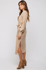 Beige Side Slit Sweater Midi Dress