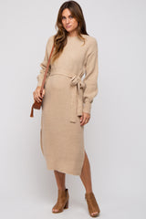 Beige Side Slit Sweater Midi Dress